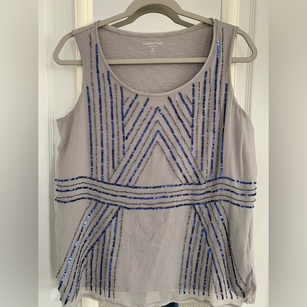 Coldwater Creek sleeveless top, gray with a shear sequined overlay in front, med